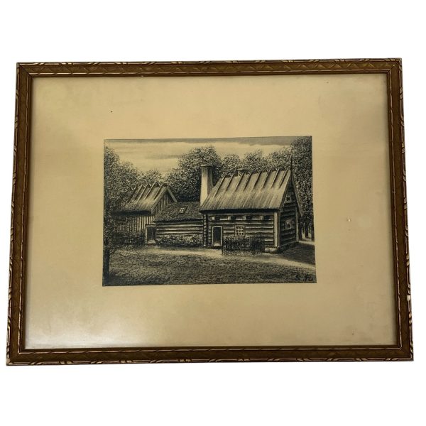 Tavla Stuga Skog Motiv Signerad S.R Vintage