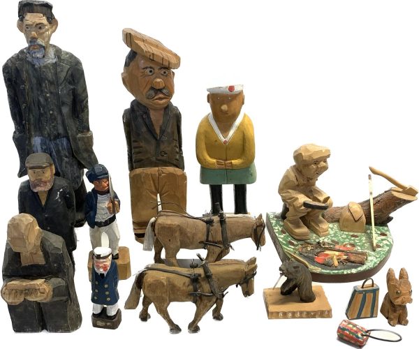 Figurin Figur Gubbe Djur Väska 14st Trä Snidad Vintage Design Retro