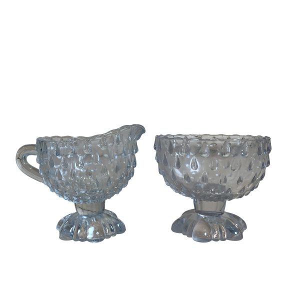 Sockerskål och Kanna Glas Droppar Klarglas 2-delar Glaskanna Gräddkanna Retro