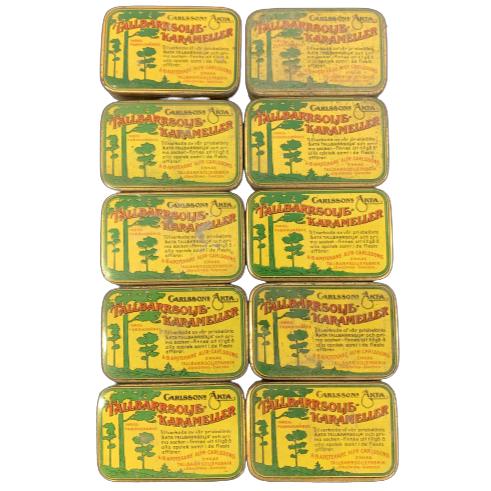 10st Carlssons äkta Tallbarrsolja Karameller Plåtaskar Plåtbruk Retro ask burk