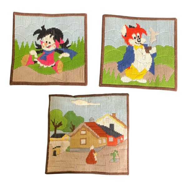 Broderad Tavla Flicka Räv Hus Broderi 3st ca 17x17cm Vintage Retro