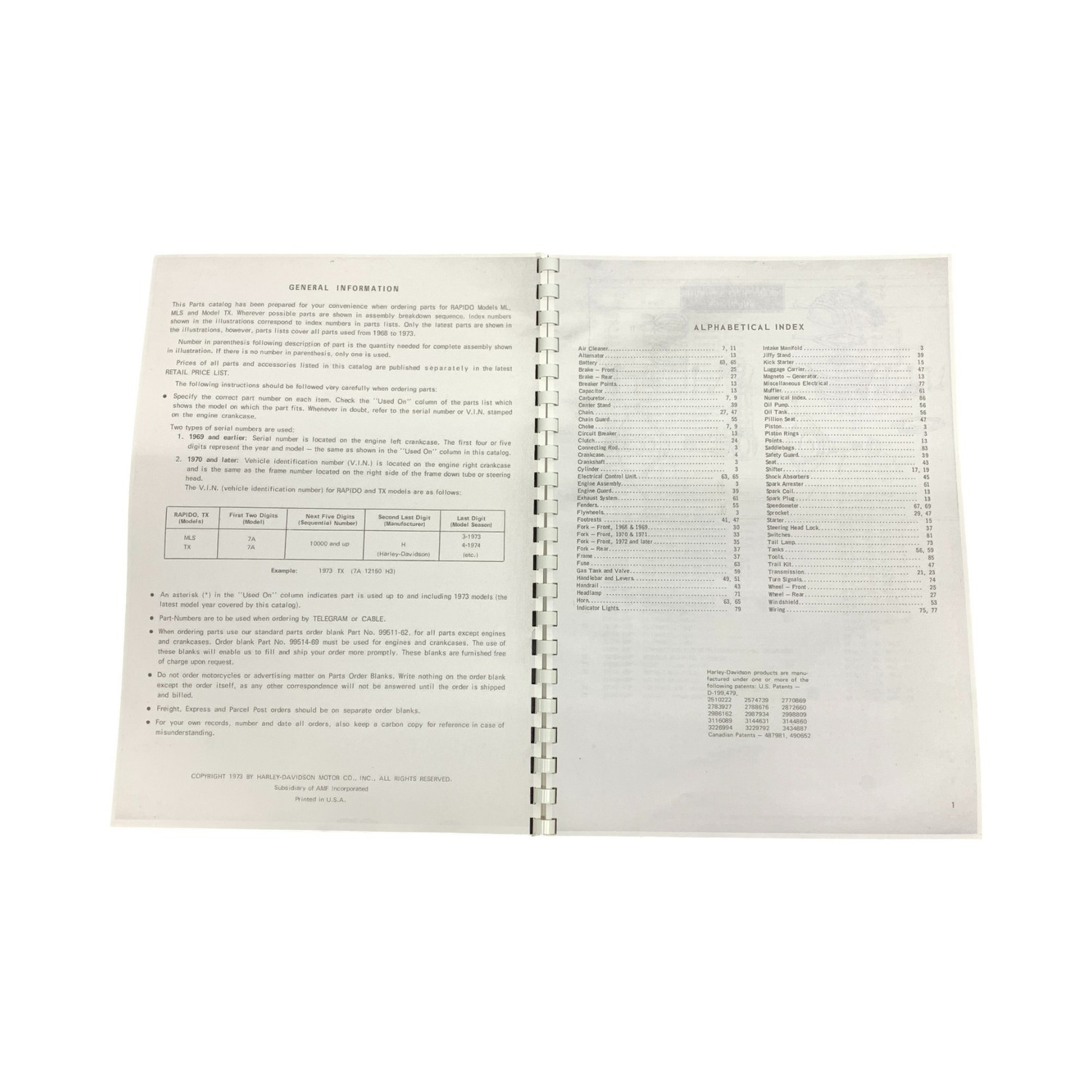 1973 Harley-Davidson TX-125 パーツカタログ Harley Davidson Parts Catalog Rapido, TX-125 1968 to 1973 HD