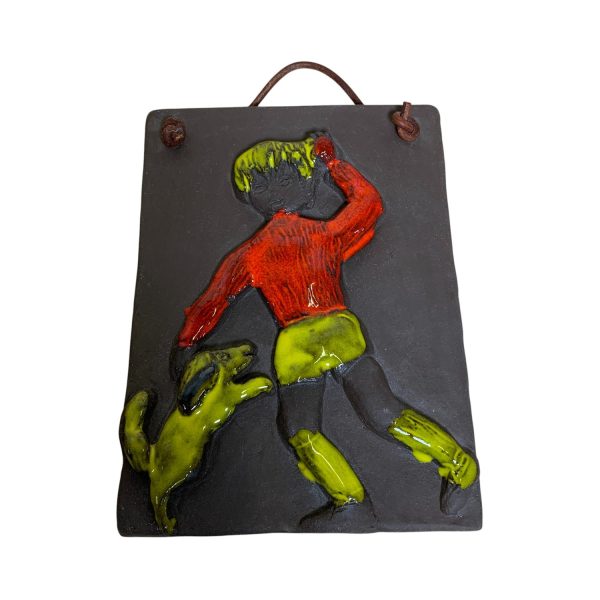 Keramik Tavla Pojke Hund 19cm Brun Retro Signerad