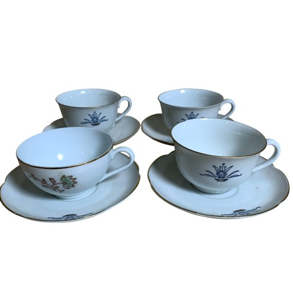 Hackefors Koppar & Fat 4-delar Vit Guldkant Blå Kopp Vintage