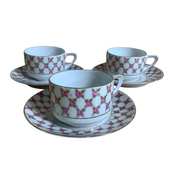 Kopppar & Fat 3-delar Rosa Rosor Blommor Vintage