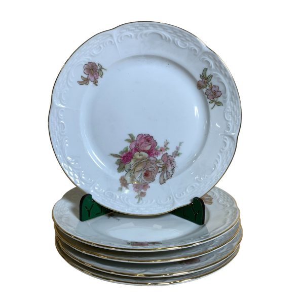 Rheinpfalz Hartporzellan 5st Assietter Rosa Vit Guldkant