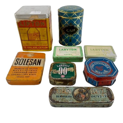 Plåtburkar 8st Plåt Burk Teburk Godisburk Läkerol Lipton Laryton Vintage Retro