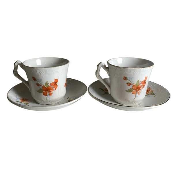 Antika Koppar & Fat Blomma Orange 2--delar Antik Vintage Vit Kopp