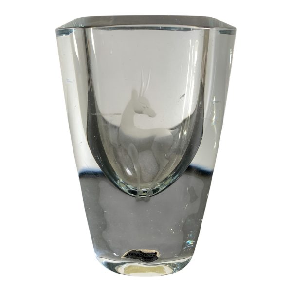 Strömbergshyttan Vas Graverad Fågel 11cm Glas Glasvas Signerad Etikettmärkt