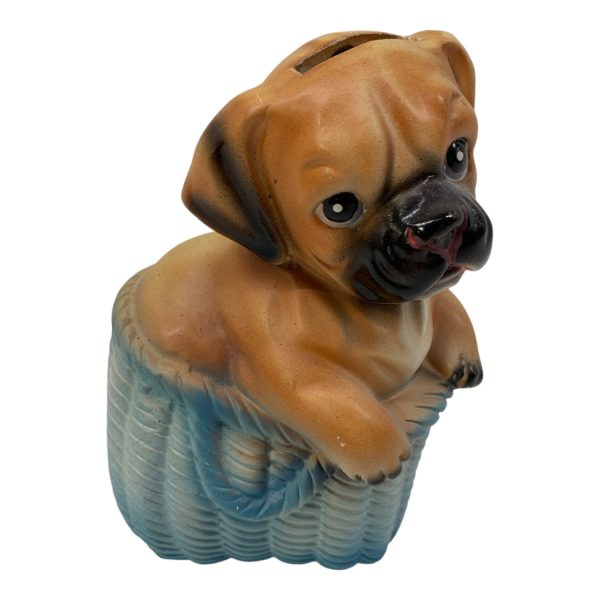 Spargris Sparbössa Hund Bulldog Valp i Korg Design Vintage Retro