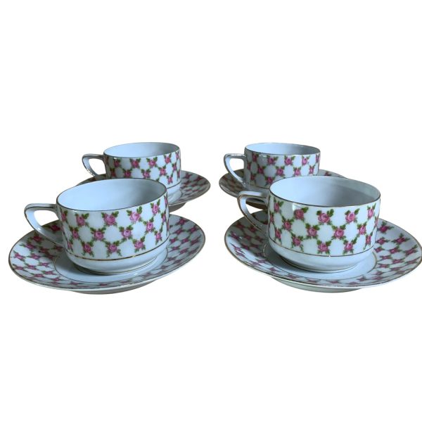 Kopppar & Fat 4-delar Rosa Rosor Blommor Vintage