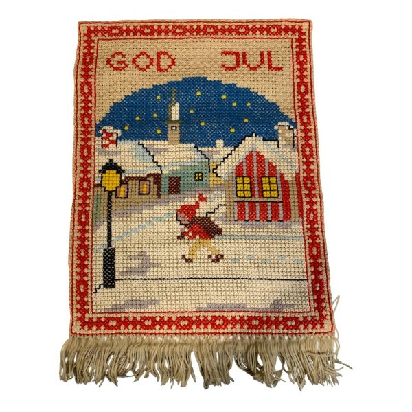 Väggbonad Tomte God Jul 43x65cm Broderad Julbonad Vintage