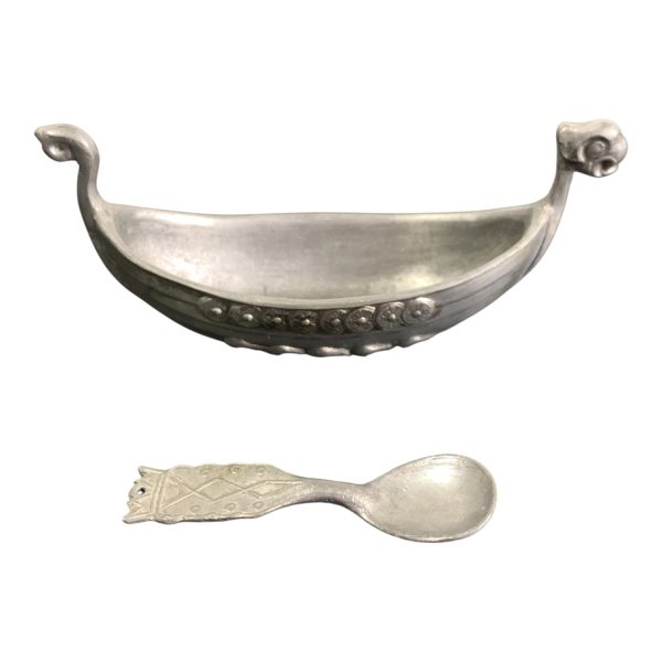 Tenn Saltkar Sked Vikingaskepp Design Stämplad Norway Norge Vintage