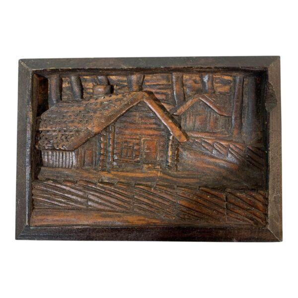 Väggrelief Relief Stuga Hus Gård Motiv Signerad AH Trä Tavla Vintage
