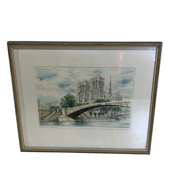 Le Petit-Pont och Notre-Dame i Paris Tavla Signerad