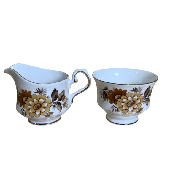 Queen Anne Bone China Sockerskål & Gräddkanna Skål Kanna Brun Blommor England
