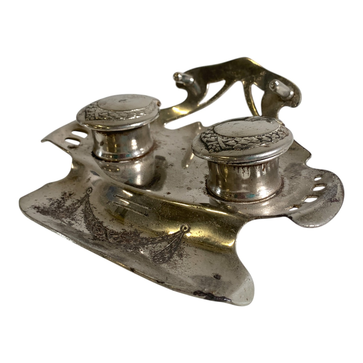 Bläckställ Vit Metall Jugend Stil Stämplad Ges Gesch Vintage Design