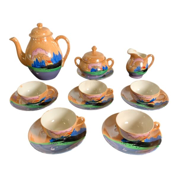 Servis 9-delar Kanna Kopp Fat Gräddkannna Sockerskål Stämplad Ímport Vintage