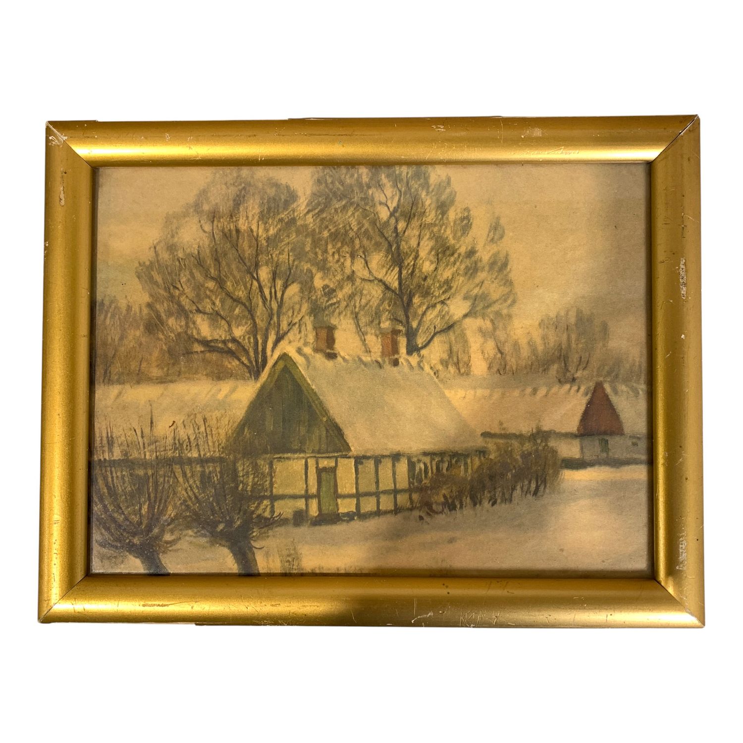 Tavla Vinterlandskap Stuga Hus Motiv ca 26x21cm Vintage
