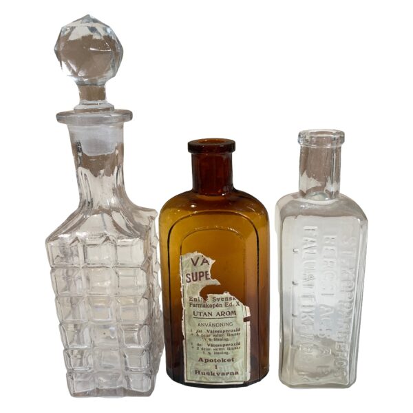 Små 3st Glas Flaskor Apoteksflaska Parfymflaska Ättiksflaska Vintage Design