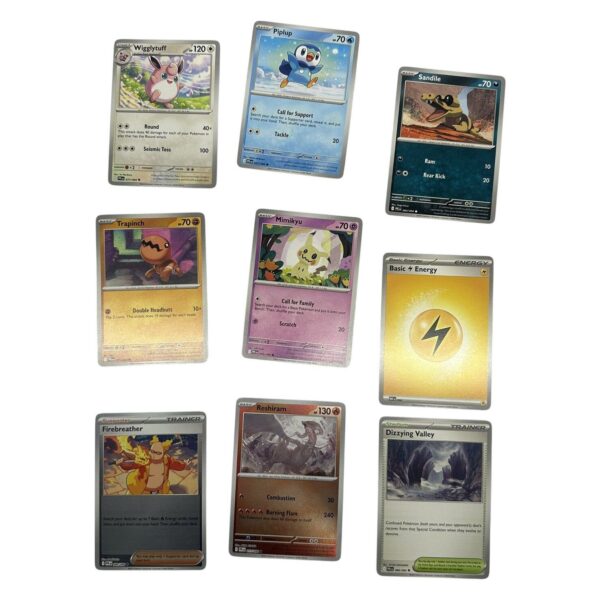 9 st. Pokémon Kort Wigglytuff Piplup Sandile Mimikyu Reshiram Energi Trainer