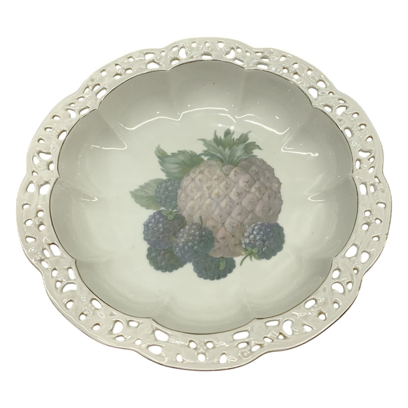 Skål Porslin Genombruten Kant Ananas Björnbär Vit Dekor Retro