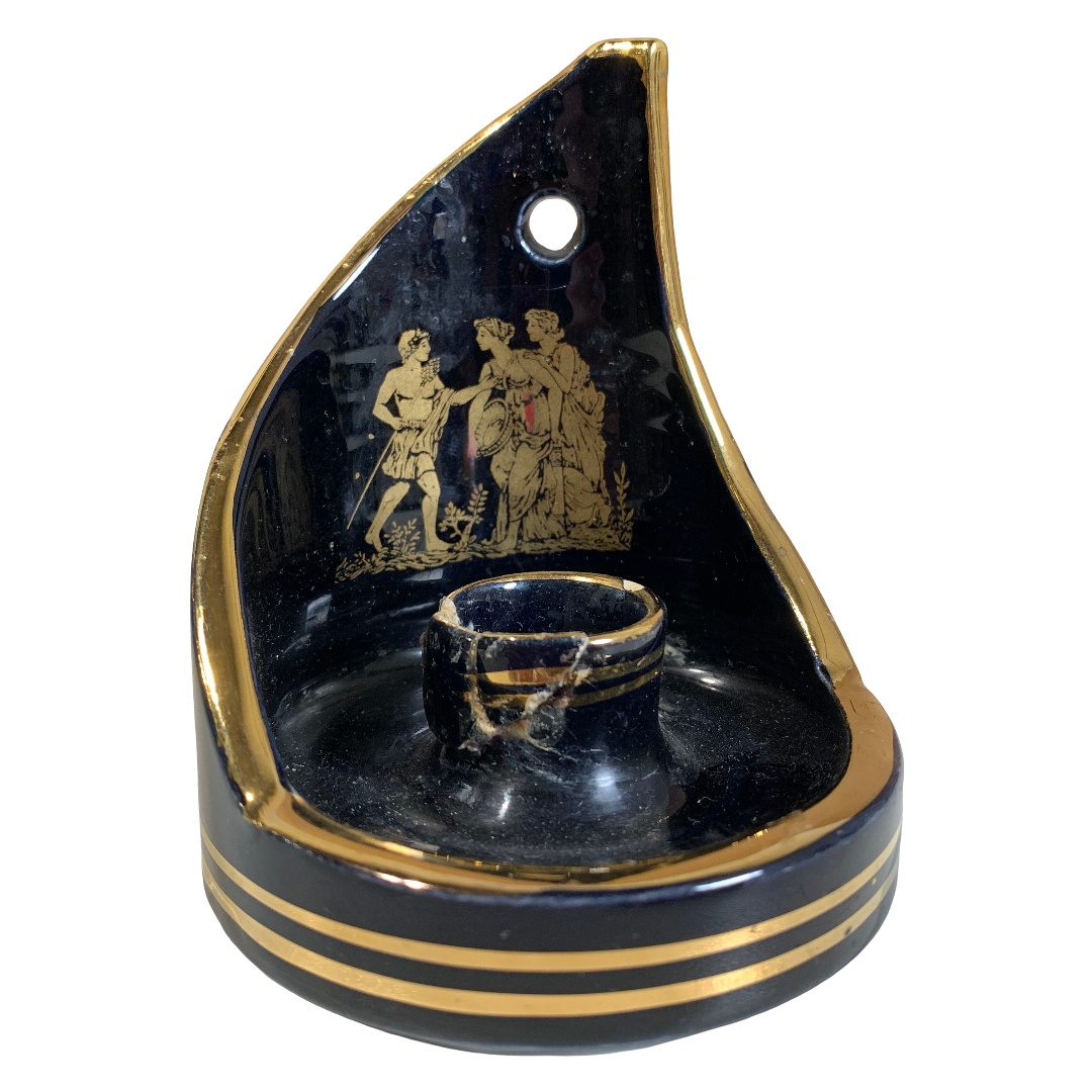 Manousakis Keramik Lampettt Ljusstake 24K Guld Etsad Stämplad Vintage Design