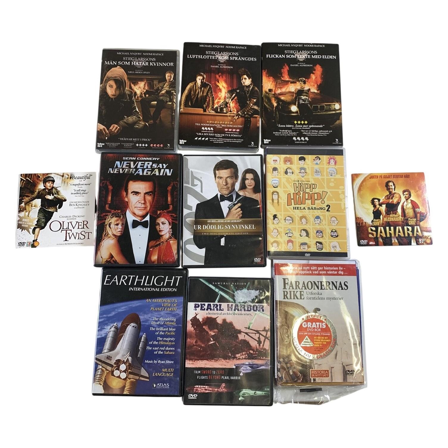 11 st DVD Filmer Stieg Larsson Bond Hipp Hipp Pearl Harbor Sahara Oliver Twist