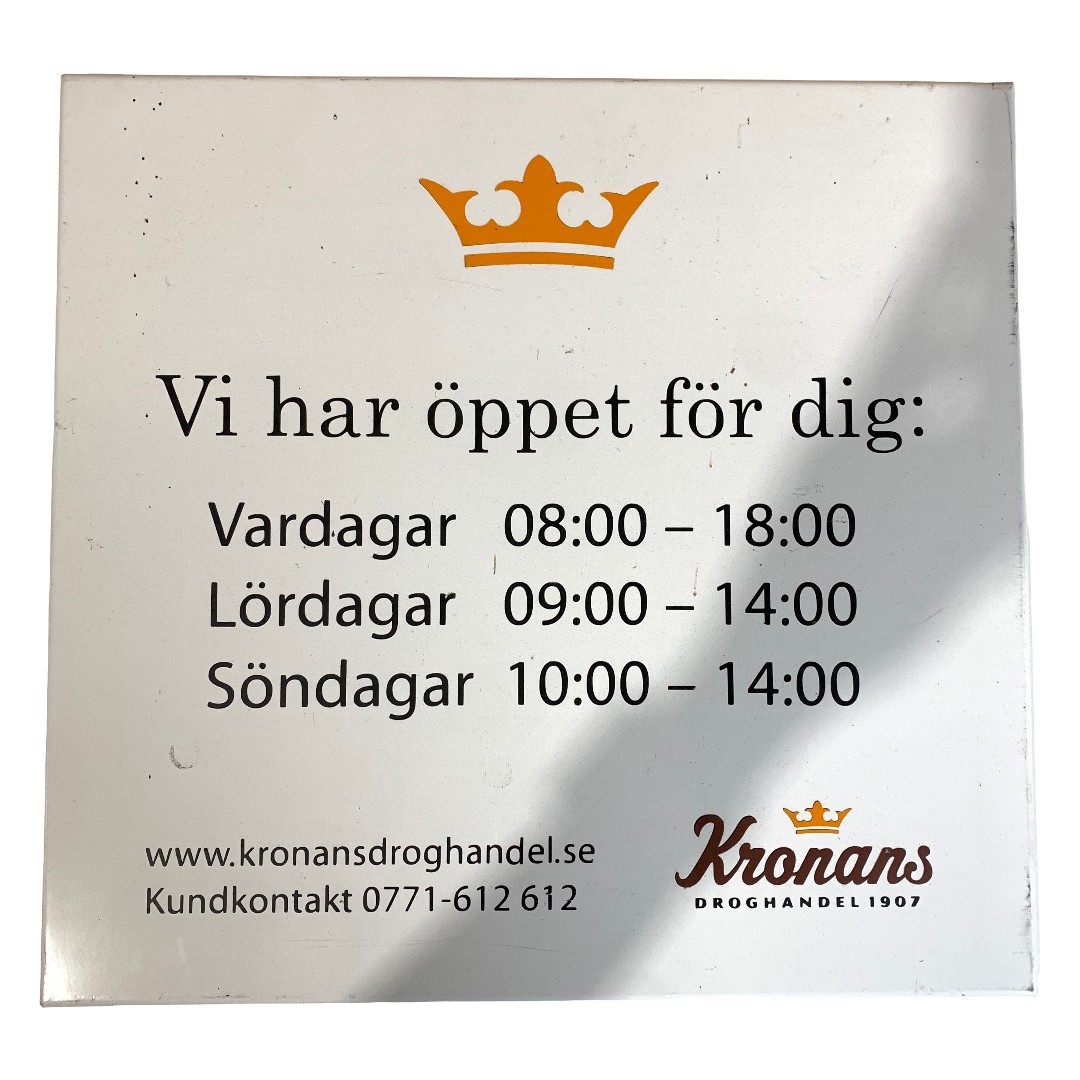 Kronans Apotek Droghandel 38cm Plåtskylt Skylt Öppettider