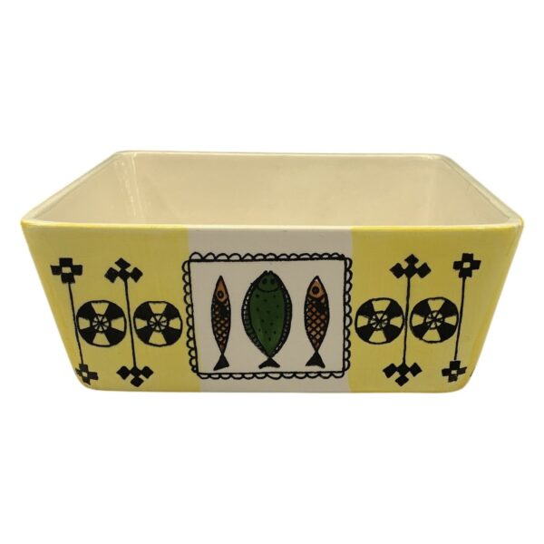 Deco Georg Wide Fyrkantig Skål Keramik Gul Folk Art Retro Dekor Fisk Motiv