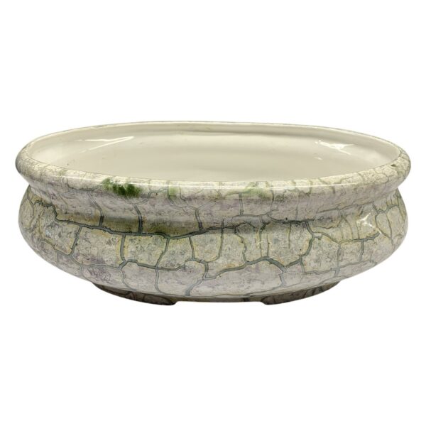 Skål Keramik Oval Spräcklig Vit Grön Dekor Fat Krackelerad Retro