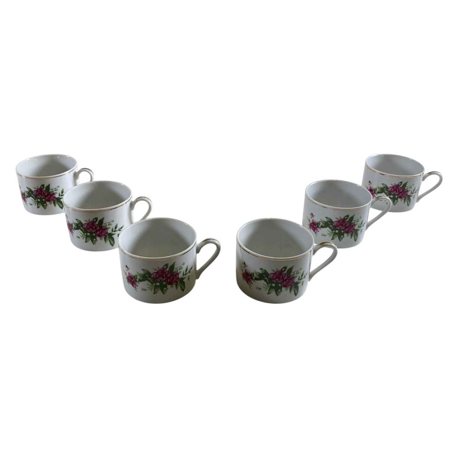 6 st Kaffekoppar Porslin Ros Blommor Vit Gulddekor Vintage Made In China