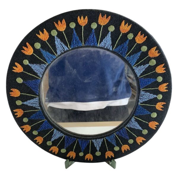 Rund Spegel Broderad Ram Svart Blå Orange Väggdekoration Retro Blommor Kurbits
