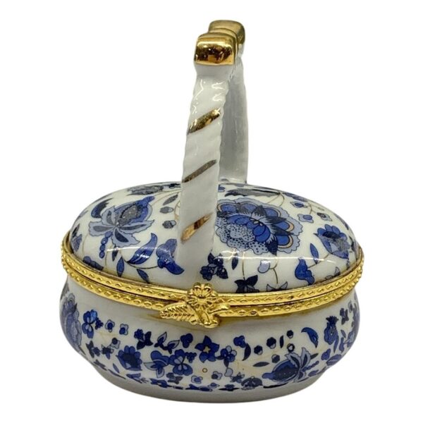 Smyckeskrin Porslin Blå Vit Blommig Gulddekor Liten Ask Lock Retro
