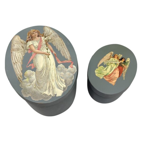 Förvaringsaskar 2 st Ovala Äldre i Trä dekorerade med Änglar Grå Shabby Chic