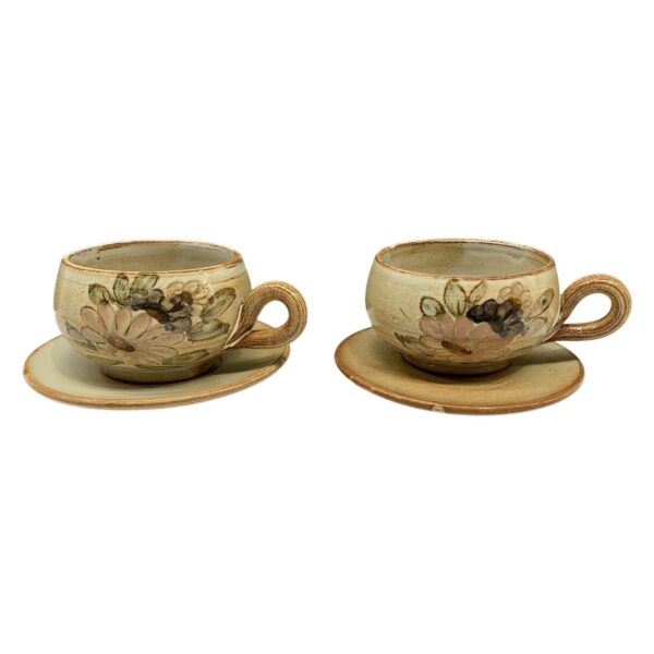 2 St. La Poterie Provence Tekoppar Fat Blommor Handgjord Keramik Beige Brun