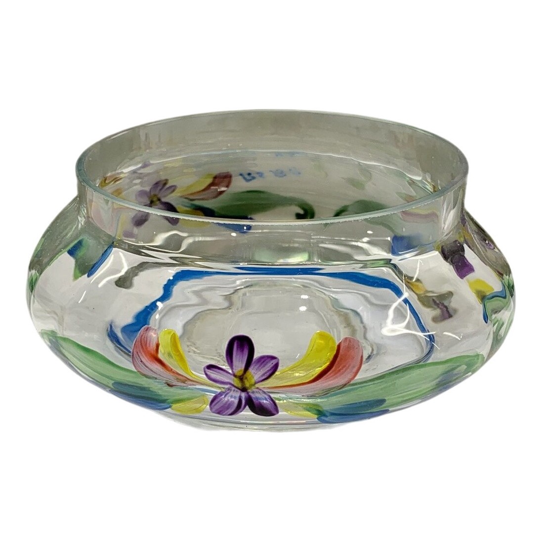 Skål Glas Signerad Handmålad Blommor Flerfärgad Rund Dekorativ