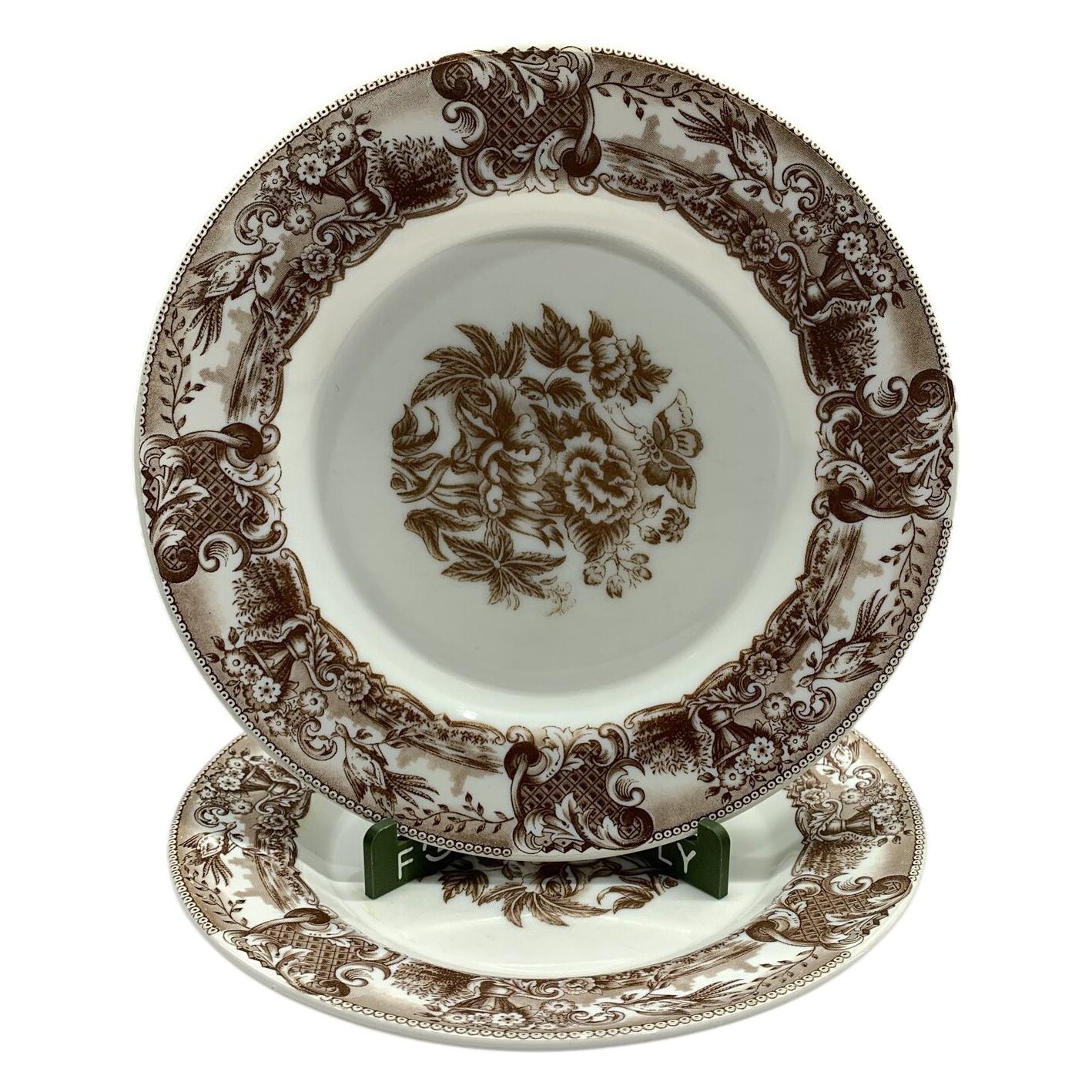 2 st Tallrikar Porslin Blommor Brun Vit Dekor Retro Flussglas Opalglas Mjölkglas