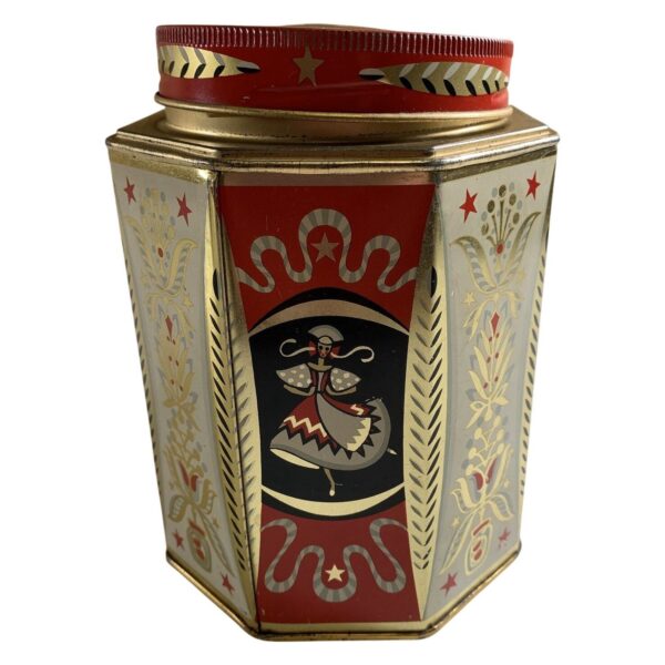Kärn Kaffe Burk Plåt Retro Röd Guld Dekor Folkdräkt Samlarburk Vintage Plåtburk