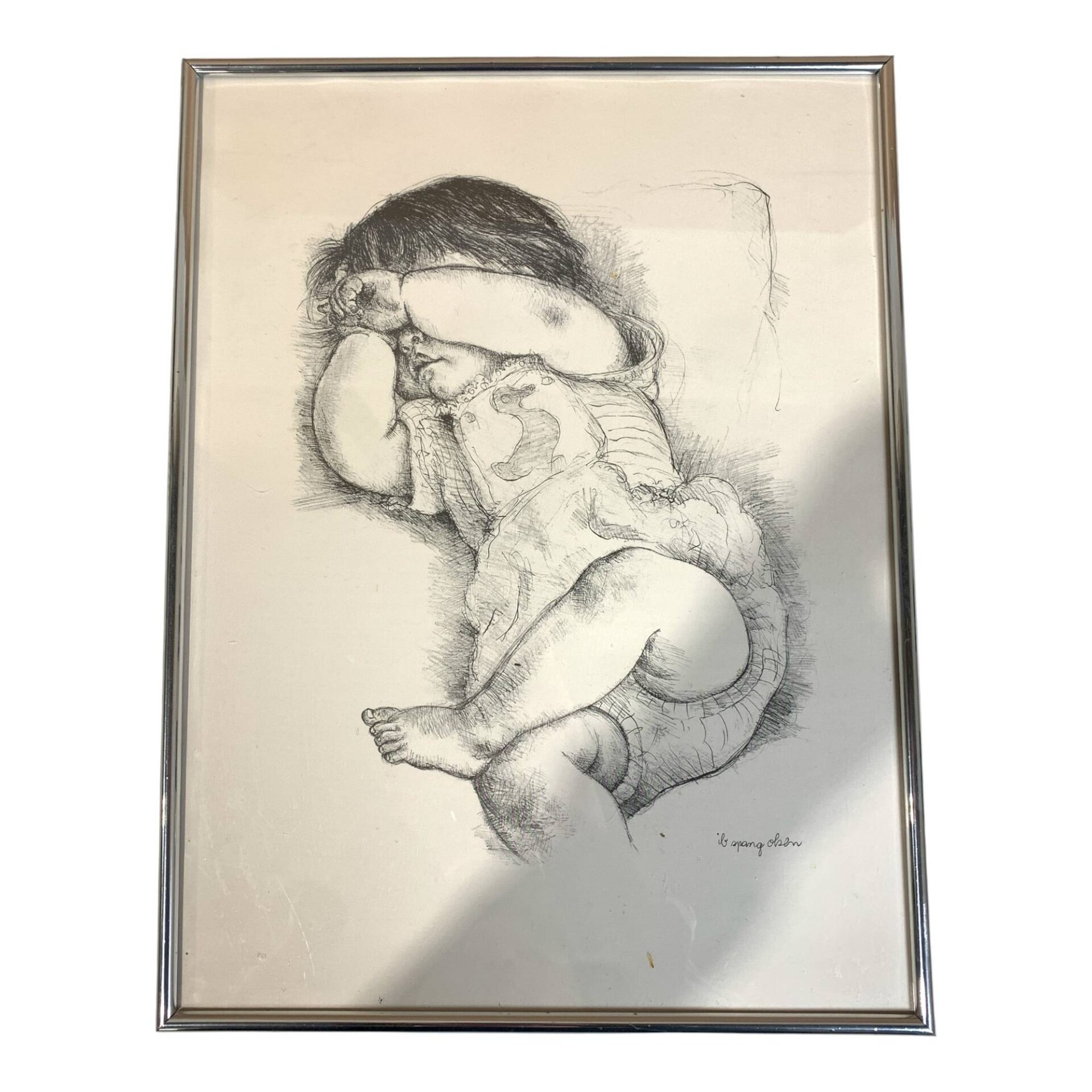 Ib Spang Olsen Tavla Sovande Barn Signerad ca 31x41cm Tryck
