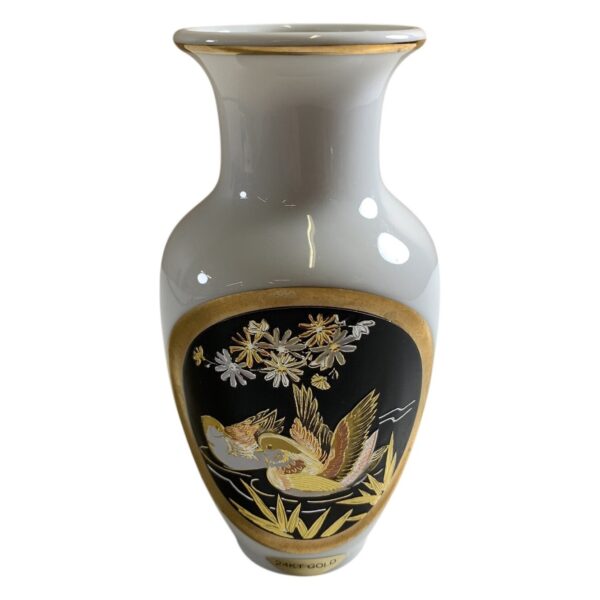 Vas Chokin 24K Gulddekor Porslin Fåglar Blommor Japan Vit Svart Guld