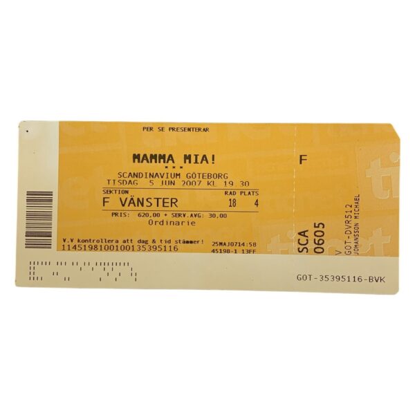 Mamma Mia Biljett Scandinavium Göteborg 2007 Ticnet Musical Samlarobjekt
