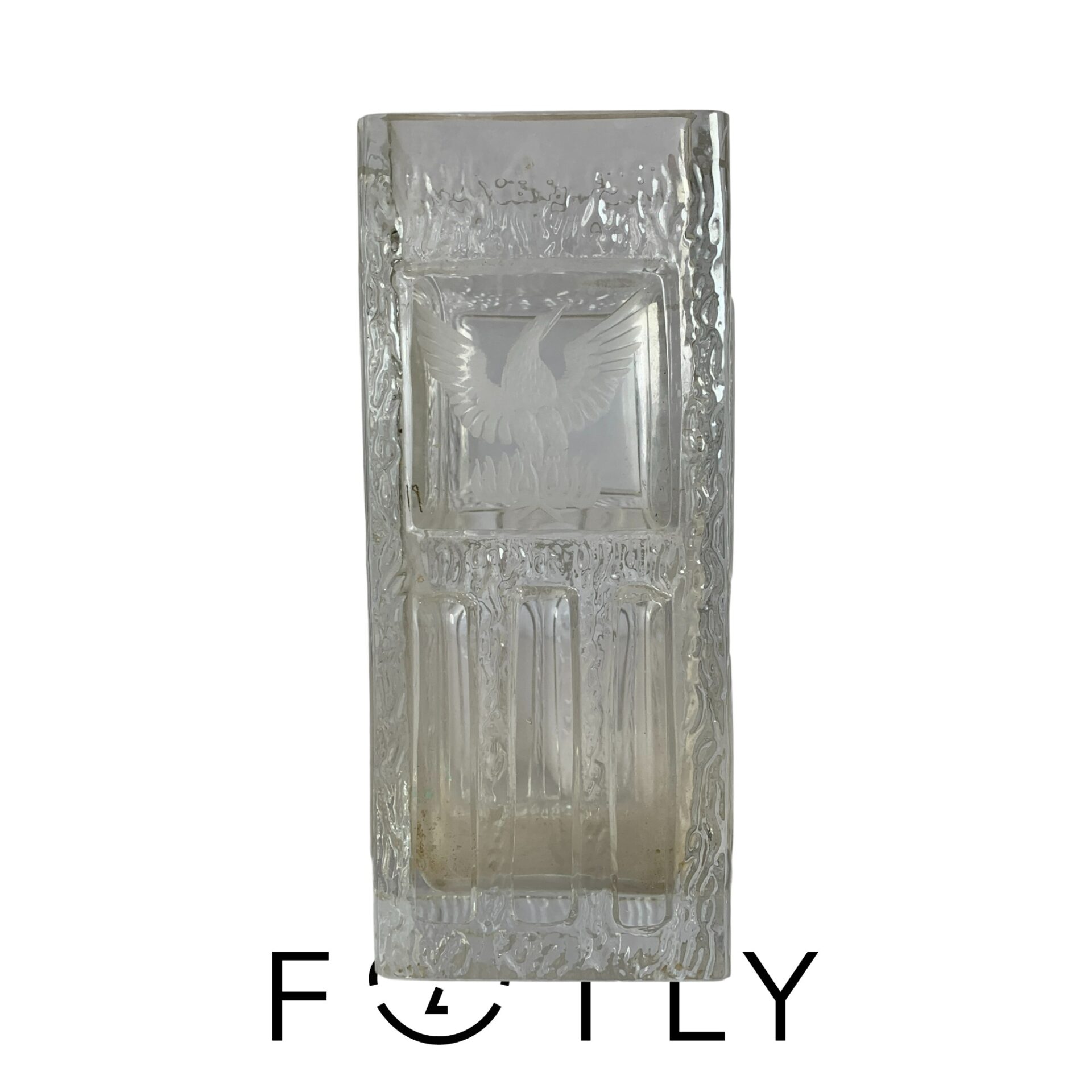 Vas 1,4kg Glas Signerad Vintage Fågel Fyrkantig