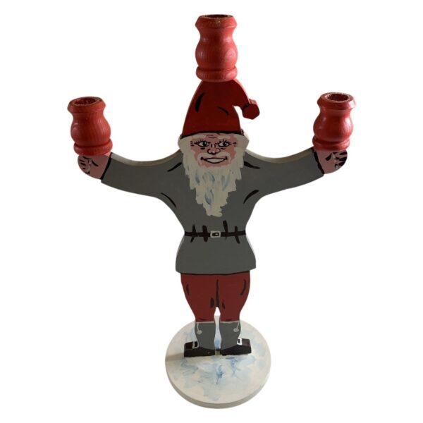Ljusstake Tomte Bränn-signerad Jul Dekor Handmålad Trä Röd Grå Vit Retro