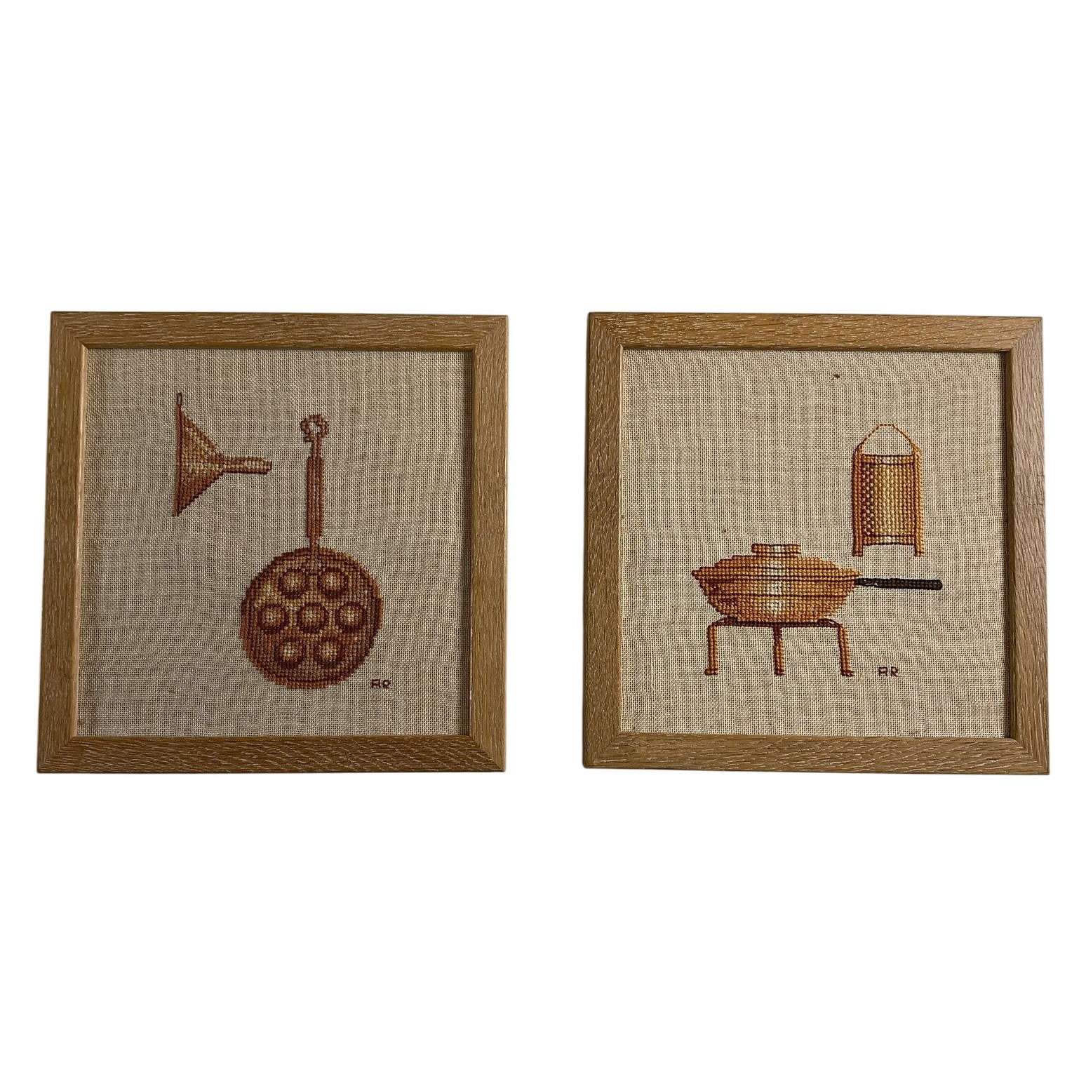 2 st Broderi Tavlor Signerad AR Retro Kökstraditioner Träram Väggdekoration