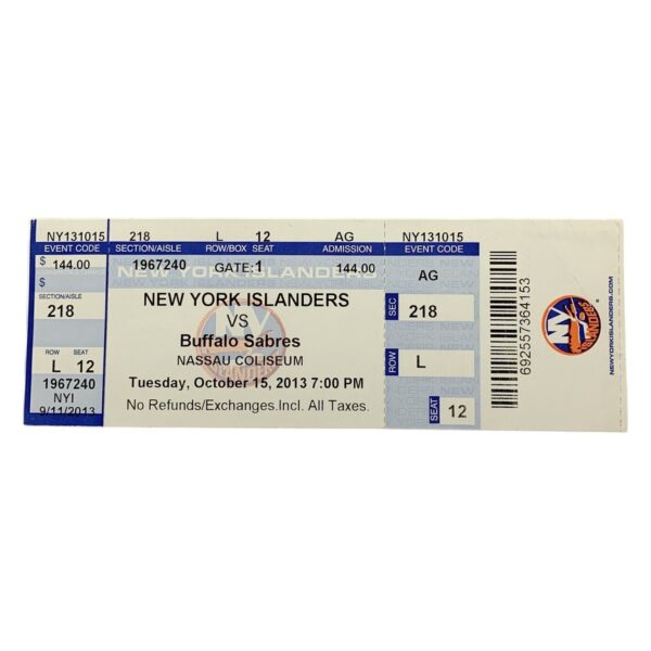 Biljett New York Islanders Buffalo Sabres 2013 Nassau Coliseum Samlarobjekt