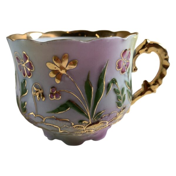 Kopp Porslin Lila Blommor Guld Dekor Romantisk Vintage