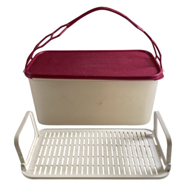 Tupperware Låda Plast Röd Vit Med Handtag Insats Retro Förvaring