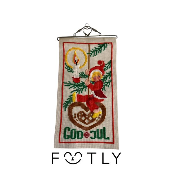 Väggbonad God Jul Tomte ca 40x20cm Broderad Julbonad Vintage