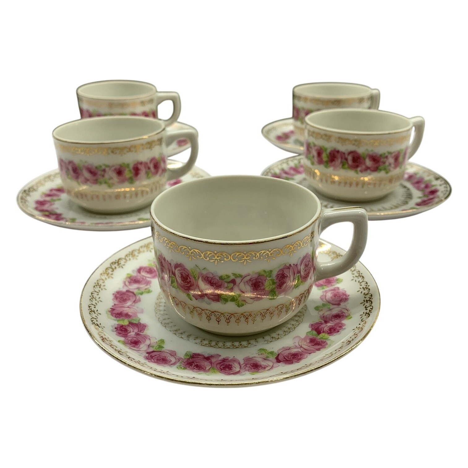 Terra Rosen Kaffekoppar 5 st DesignFat Porslin Rosor Gulddekor Vintage